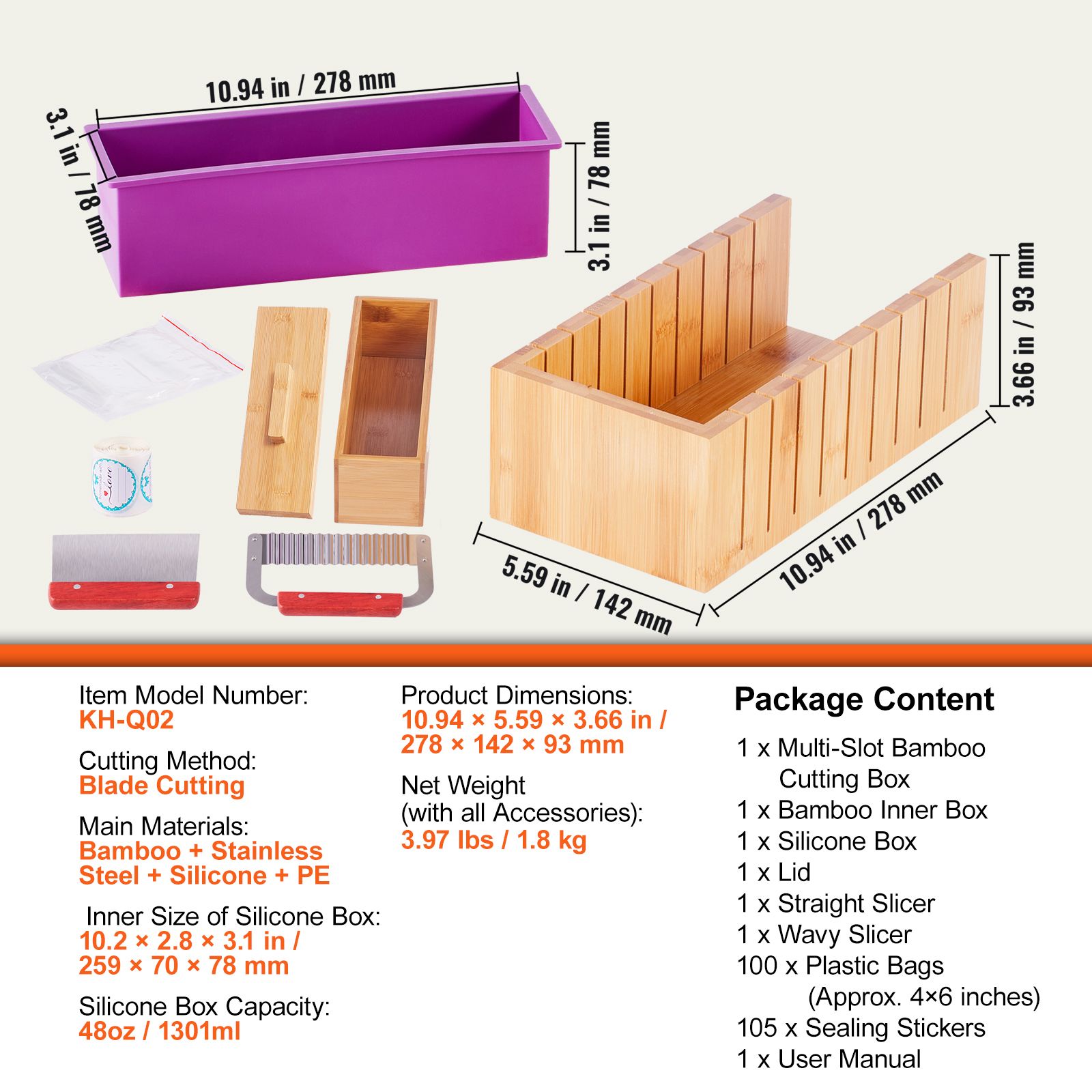 Soap Making Kit For Adults - ชุดทำสบู่, กล่องไม้ไผ่สำหรับตัดและกล่องด้านในพร้อมแม่พิมพ์ซิลิโคน, มีดตัดตรงสแตนเลสและมีดตัดแบบหยัก, 100 ถุงและสติกเกอร์ 105