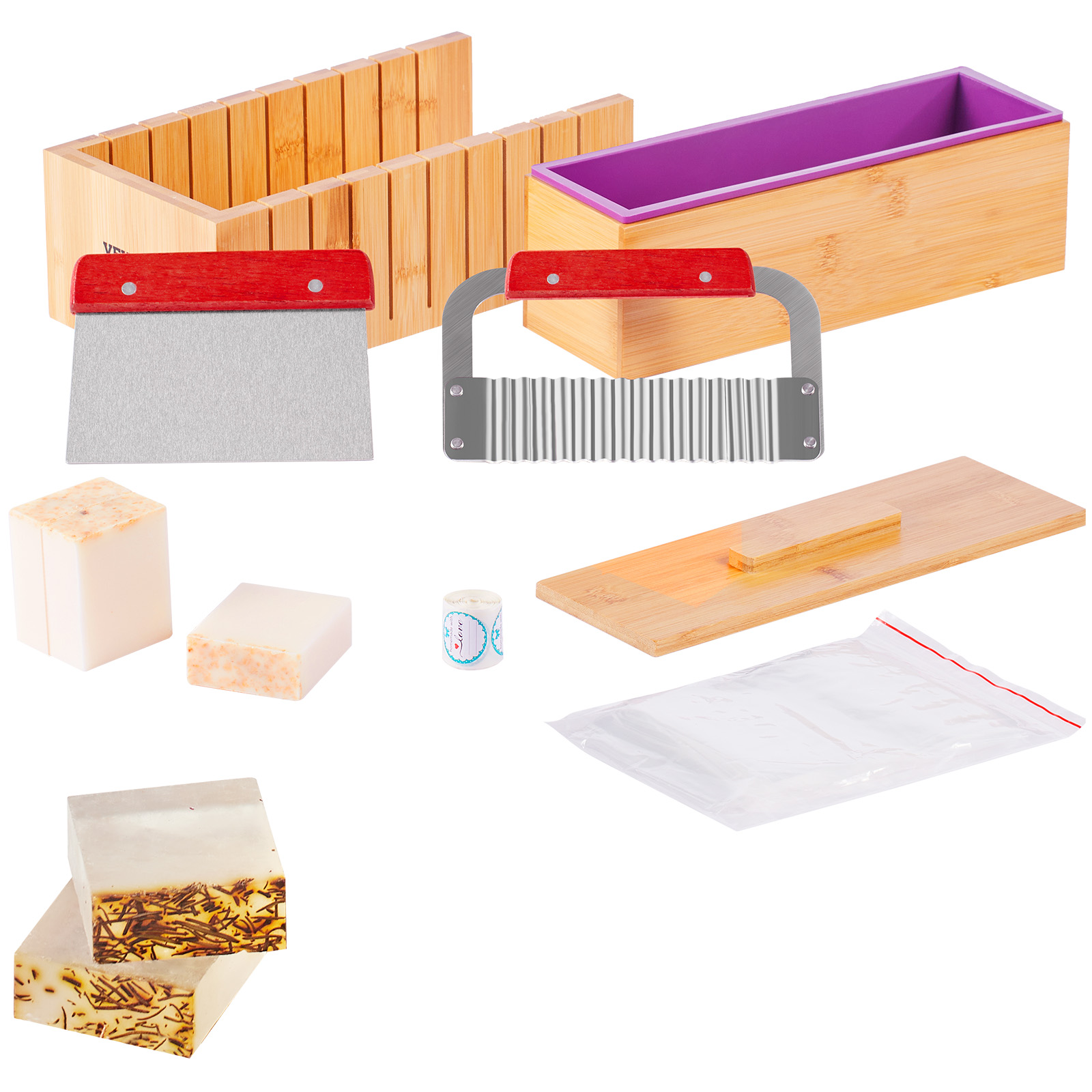 Soap Making Experiment - ชุดทำสบู่ VEVOR กล่องตัดไม้ไผ่และกล่องด้านในพร้อมแม่พิมพ์ซิลิโคน ที่ตัดสแตนเลสแบบตรงและแบบลอน